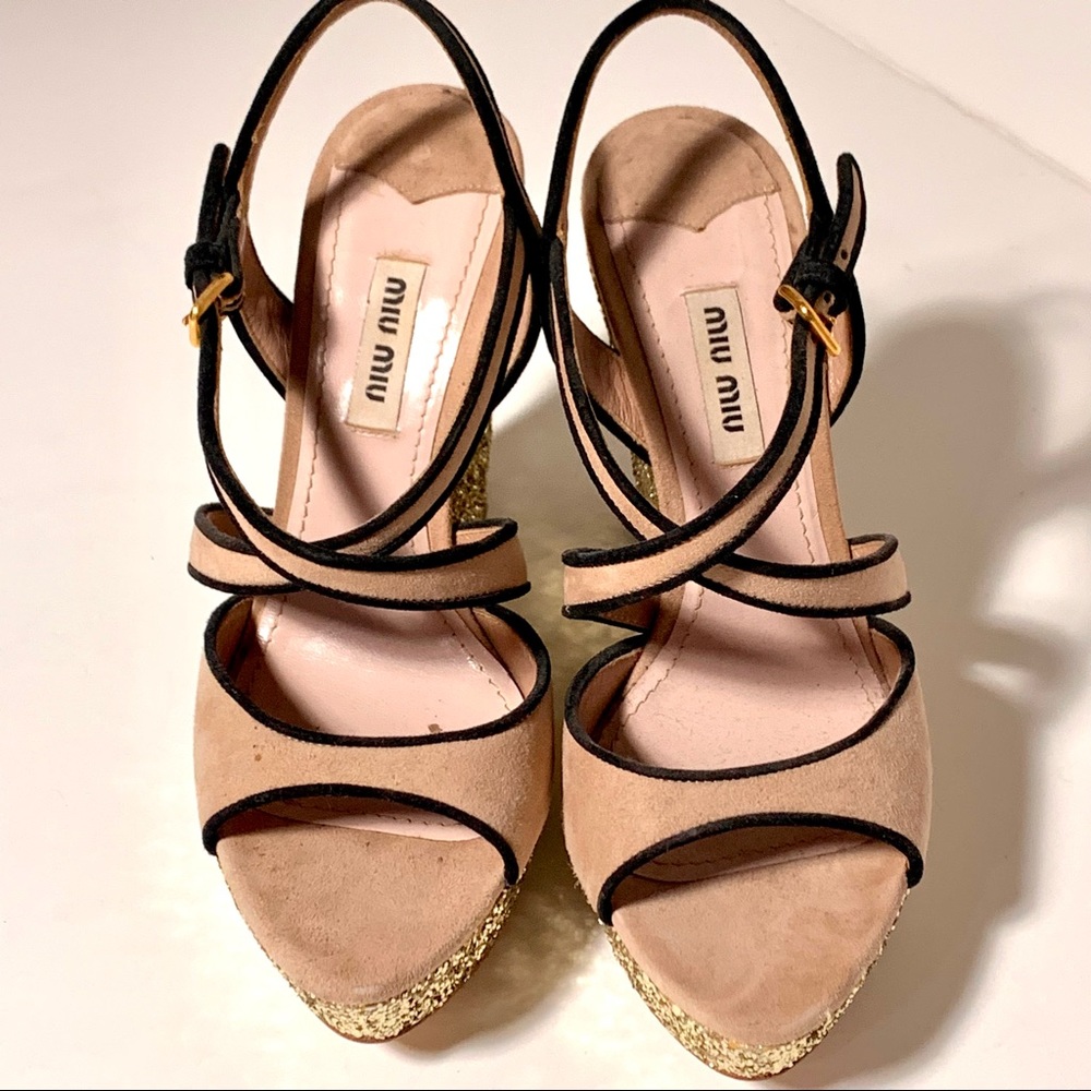 MIU MIU Gold Pink Glitter Wedge